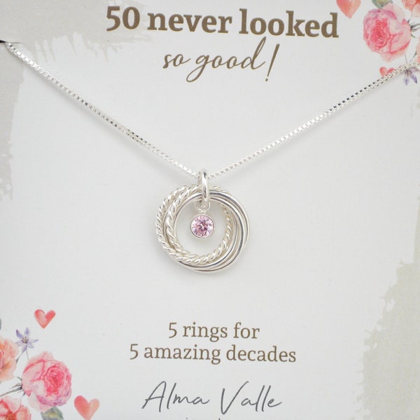 50th Birthday birthstone necklace, 5 Rings necklace, 50th Birthday gifts for women, 5 Decades necklace, Milestone gift, Birthstone necklace