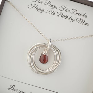 50th Birthday Gift, January Birthstone Necklace, 5 Interlocking Rings Necklace, Mom Necklace, Mother of Bride Gift, Mother of Groom Gift,