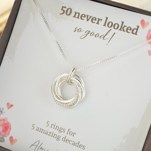 50th Birthday jewelry for women, 5 Rings necklace, 50th Birthday gifts for wife, 5 Decade necklace, Gift for 50 year old, Milestone gift