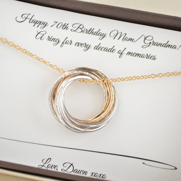 70th Birthday gift for Mom and grandma necklace, 7th Anniversary gift for wife, Mixed metals necklace, 70th Birthday gift for women, 7 Rings