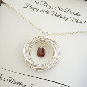 Cadeau 60e anniversaire pour femme, collier 6 bagues, cadeau 6e anniversaire pour elle, bijoux avec pierre de naissance de janvier, collier grenat, 60e anniversaire pour maman