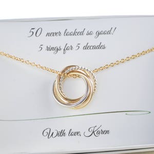 50th Birthday gift for women, Petite necklace, 5th Anniversary for her, Mixed metal necklace, Milestone Jewelry, Birthday Gifts, 5 Rings