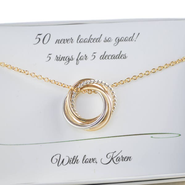 50th Birthday gift for women, Petite rings necklace, 5th Anniversary gift for her, 5 Mixed metal necklace, 5 Best friends necklace