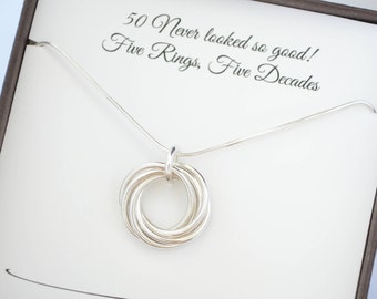 50th Birthday necklace for mom, 5th Anniversary gift for wife, 5 Decades birthday, 5 Rings necklace, 50 Birthday jewelry for women