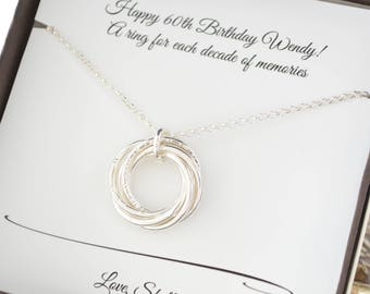 60th Birthday gift for mom, 6th Anniversary gift for her, 6 Interlocking rings necklace, 60th Birthday gift for sister, 6 Best friend gift