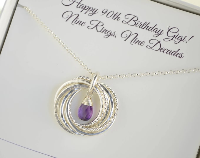 90th Birthday gift for grandma, February birthstone necklace, 9th Anniversary gift, Amethyst necklace, 90th Birthday for mom, 9 Rings Neck