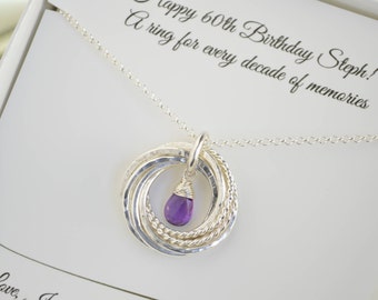 60th Birthday gift for mom, 6th Anniversary gift for wife, Amethyst birthstone necklace, 6 Rings necklace, 60th Birthday jewelry for women