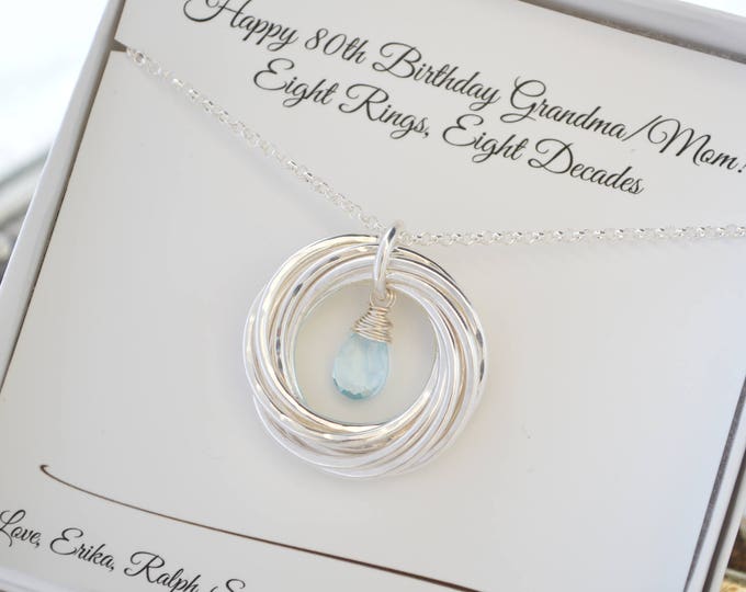 80th Birthday gift for grandma, Blue topaz necklace, 8 Rings for 8 decades necklace, 8th Anniversary gift, 80th Birthday jewelry for mom