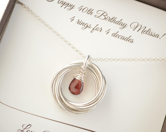 40th Birthday necklace, 40th Birthday jewelry, January Birthstone jewelry, 4th Anniversary gift, 4 Rings 4 Decades jewelry,