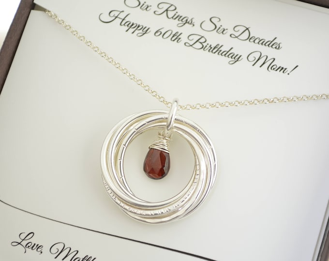 60th Birthday Gift for Women, 6 Rings Necklace, 6th Anniversary Gift for Her, January Birthstone Jewelry, Garnet Necklace, 60th for Mom