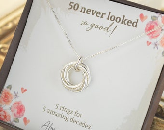 50th Birthday Necklace, 5 Decade Necklace, Sterling Silver Rings, 50th Gifts for Women, Petite Jewelry, Birthday Gift for Her