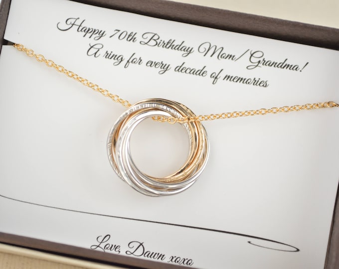 70th Birthday gift for Mom and grandma necklace, 7th Anniversary gift for wife, Mixed metals necklace, 70th Birthday gift for women, 7 Rings