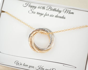 60th Birthday jewelry for women, 6th Anniversary gif for her, 6 Rings necklace, 60th Birthday gifts for mom, 6 Decade jewelry, Mixed metal