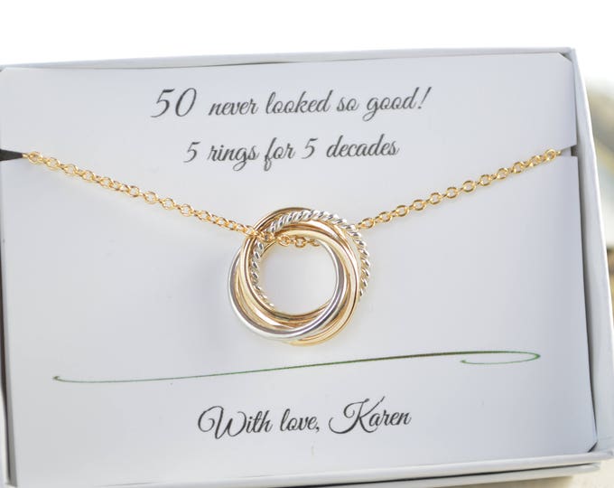 50th Birthday gift for women, Petite rings necklace, 5th Anniversary gift for her, 5 Mixed metal necklace, 5 Best friends necklace