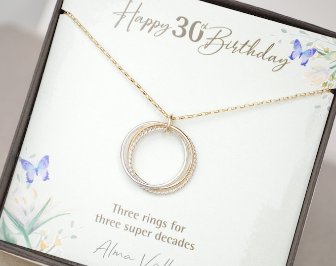 30th Birthday jewelry for daughter, 3 Decades necklace, 30th Birthday necklace, 30th Birthday gifts for her, 3 Rings for 3 decades necklace