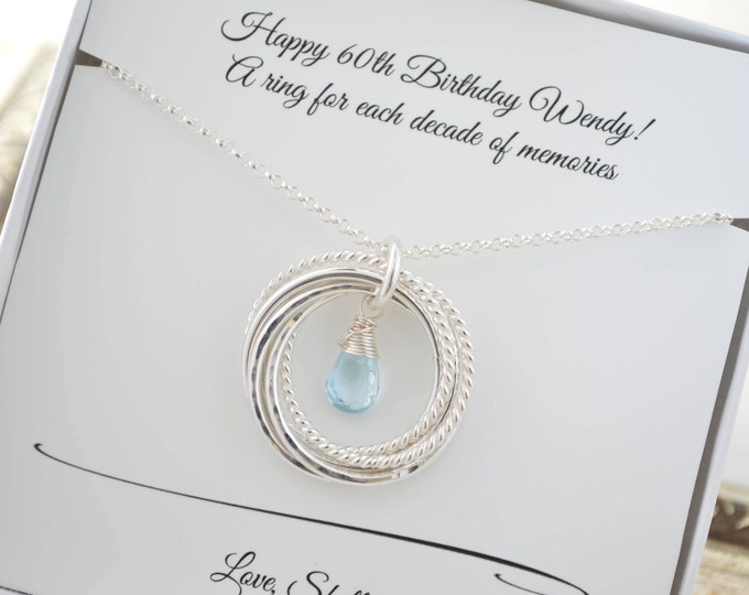 60th Birthday necklace for mom, December birthstone, Blue topaz quartz, 6th Anniversary, 60th Birthday for women,6 Rings 6 decades,milestone