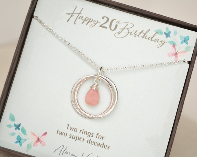 20th Birthday gift for daughter, Pink opal necklace, October birthstone, 20th Birthday jewelry Birthstone jewelry, 2  Decades Necklace