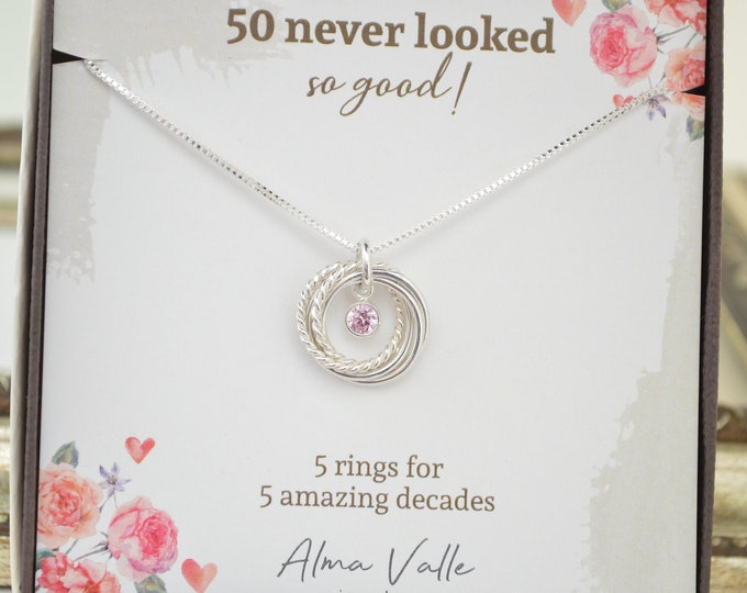 50th Birthday necklace, 5 Rings necklace, 50th Birthday gifts for women, Milestone gift, Birthstone necklace, Sterling Silver Necklace