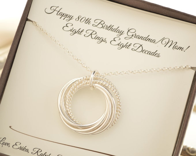 80th Birthday necklace for mom, 8 Rings for 8 decades necklace, 8th Anniversary gift for her, 80th Birthday jewelry, 80th Birthday for women