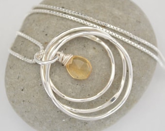 30th  Birthday gift for daughter, Citrine Necklace, 3 Sisters necklace, 3rd Anniversary gift for her, November birthstone, 3 Rings necklace