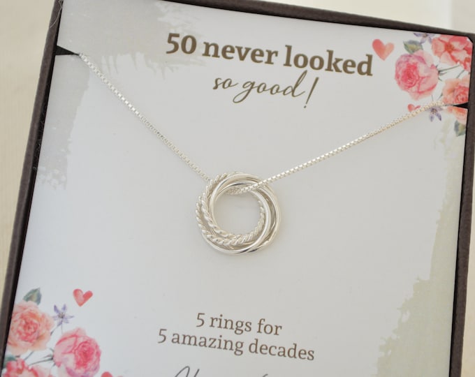 50th Birthday jewelry for women, 5 Rings for 5 decades necklace, 50th Birthday gifts for wife, Gift for 50 year old, Milestone gifts, 50th