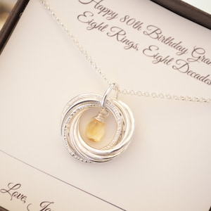 80th Birthday gift for grandmother, 8th Anniversary gift, Citrine birthstone necklace, 80th Birthday jewelry for women, 8 Rings 8 decades