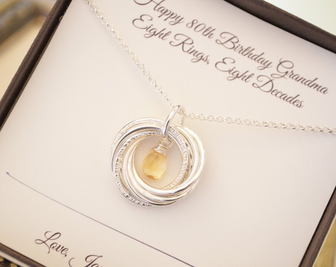 80th Birthday gift for grandmother, 8th Anniversary gift, Citrine birthstone necklace, 80th Birthday jewelry for women, 8 Rings 8 decades