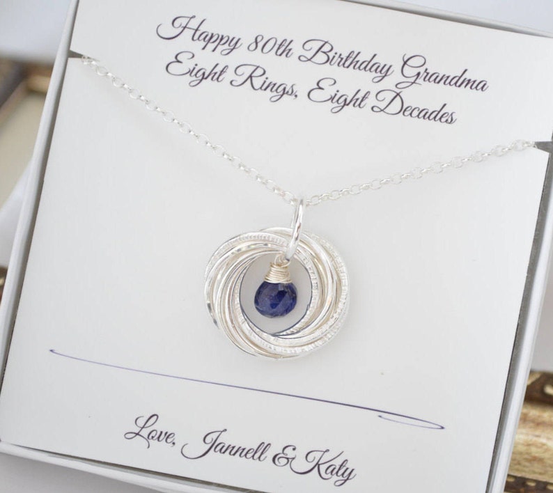 80th Birthday gift for mom, September birthstone necklace, 8 Rings 8 decades necklace, 80th Birthday jewelry for women, Milestone gifts image 1