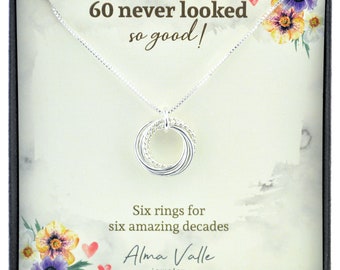 60th Birthday jewelry for women, 6 Decades necklace, 6 Rings for 6 decades, 60th Birthday gift for mom, Dainty 60th  birthday necklace