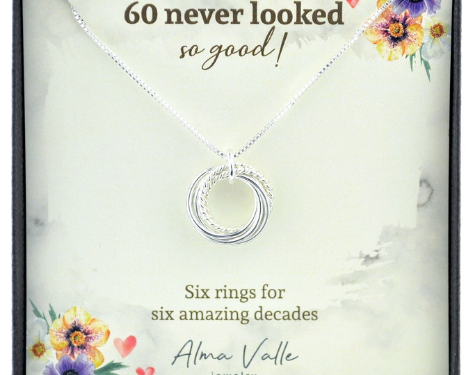 60th Birthday jewelry for women, 6 Decades necklace, 6 Rings for 6 decades, 60th Birthday gift for mom, Dainty 60th  birthday necklace