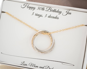Cadeau 30e anniversaire pour elle, cadeau 3e anniversaire, collier 3 soeurs, 3 cadeaux meilleure amie, idées cadeaux 30e anniversaire, collier 3 anneaux