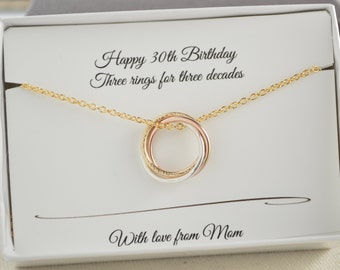 30th Birthday necklace gift for her, Rose gold necklace, 3 Rings for 3 decades sterling silver gold necklace, Personalized gift for daughter