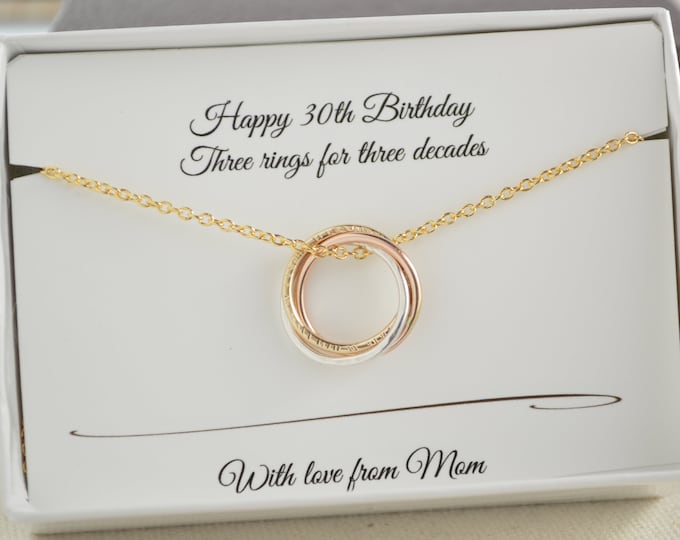30th Birthday gift for daughter, 3 Sisters necklace, Rose gold necklace, Petite necklace, 3 metals necklace, 3 Rings for 3 decades necklaces