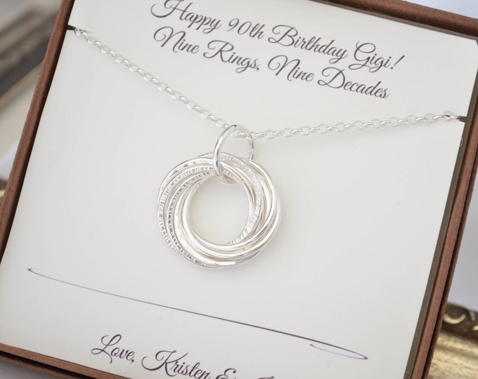 90th Birthday Gift, 90th Birthday gift for Grandma, 9 Rings necklace, 9th Anniversary gift, Gift for Mom, Milestone birthday, 9 decades gift