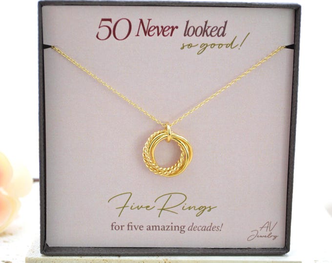 50th Birthday Gift for Women, 5 Rings 5 Decades Gold Necklace, 5th Anniversary Gift for Her, 50th Gift for Wife