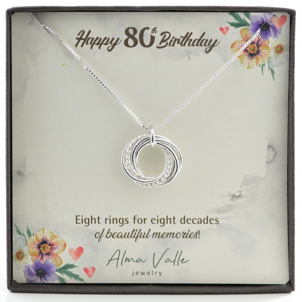 Geschenk zum 80. Geburtstag für Mama, Halskette mit 8 Ringen, Schmuck zum 80. Geburtstag, zierliche Halskette, Schmuck zum 80. Geburtstag, Halskette mit 8 Ringen und 8 Jahrzehnten