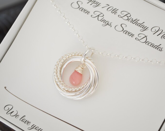 70th Birthday gift for grandmother, 70th Birthday jewelry for women, 7th Anniversary, Pink opal necklace, 7 Rings for 7 decades necklace