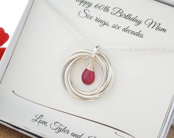 60th Birthday gift for mom and grandma necklace, July birthstone necklace, 6th Anniversary gift for women, Ruby quartz necklace, Six rings