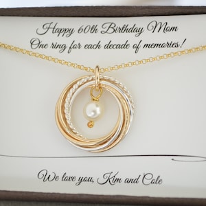 Bijoux du 60e anniversaire pour maman, collier de perles en or, cadeau du 60e anniversaire pour femme, 6 bagues en métal, cadeau du 6e anniversaire, cadeau des 6 décennies