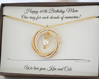 60th Birthday jewelry for mom, Gold pearl necklace, 60th Birthday gift for women, 6 Mixed metal rings, 6th Anniversary gift, 6 Decade gift
