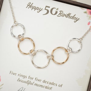 50th Birthday gift for women, Mixed metal rings, 50th Birthday jewelry, 5 Rings necklace, 5 Decade jewelry, 50 Years old, 5 Decade jewelry