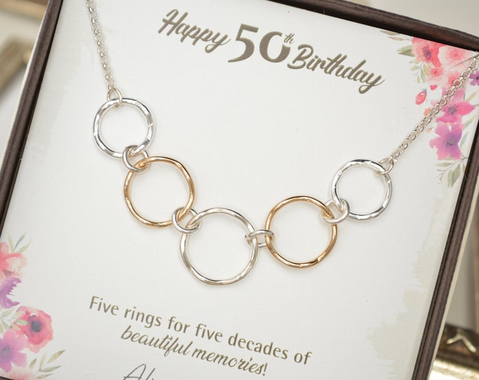 50th Birthday gift for women, Mixed metal rings, 50th Birthday jewelry, 5 Rings necklace, 5 Decade jewelry, 50 Years old, 5 Decade jewelry