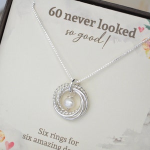 60th Birthday jewelry for women, 6 Decades necklace, 6 Rings for 6 decades, 60th Birthday gift for mom, Dainty necklace, Pearl necklace image 1