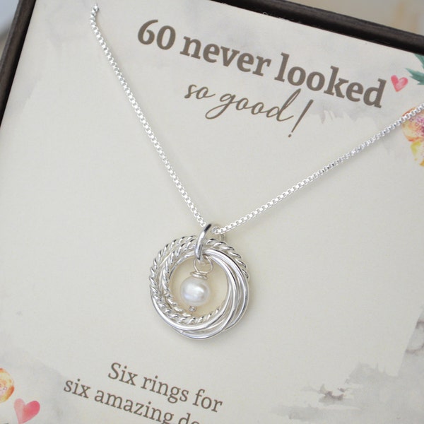 60th Birthday jewelry for women, 6 Decades necklace, 6 Rings for 6 decades, 60th Birthday gift for mom, Dainty necklace, Pearl necklace