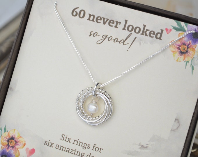 60th Birthday jewelry for women, 6 Decades necklace, 6 Rings for 6 decades, 60th Birthday gift for mom, Dainty necklace, Pearl necklace