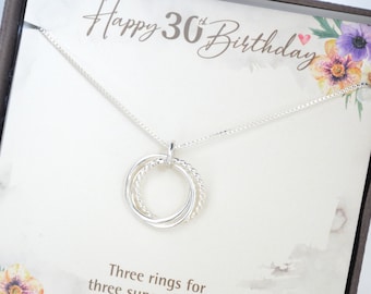 30th Birthday gift for her, 30th Birthday gift for daughter, Milestone gifts, 3 Rings 3 decades necklace, 3 Sister necklace, 3 Bestfriend