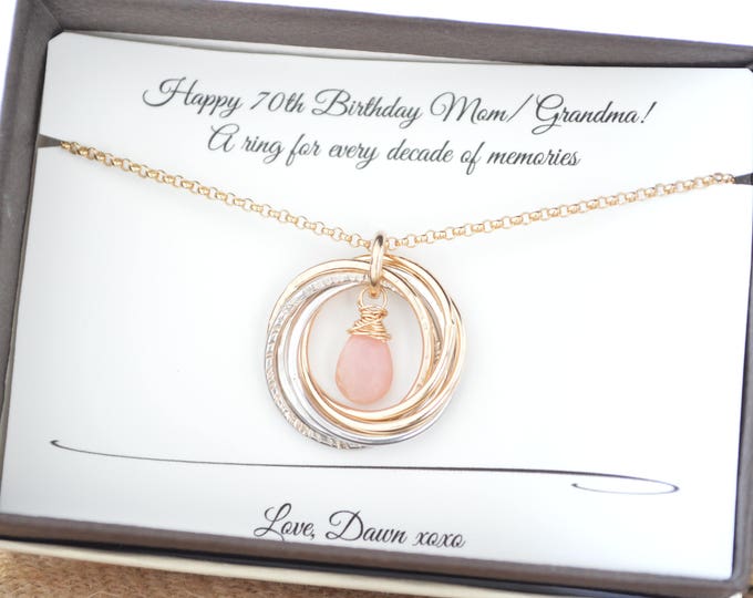 70 Birthday gift for mom, October birthstone necklace, Birthstone jewelry, 7th Anniversary gift, 7 Rings for 7 decades necklace