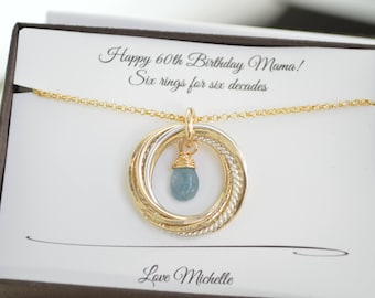 Regalo de 60 cumpleaños para mujer, 6 anillos de metales mixtos, piedra de nacimiento aguamarina, collar de 6 anillos, regalo de 60 cumpleaños para ella, regalo de 6º aniversario