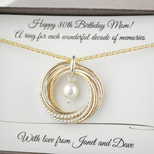 80th Birthday jewelry for mom,  Mixed metals necklace, Gold pearl necklace, June birthstone necklace, 8th Anniversary gift, 8 Decade gift