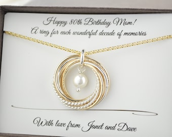 80th Birthday jewelry for mom,  Mixed metals necklace, Gold pearl necklace, June birthstone necklace, 8th Anniversary gift, 8 Decade gift